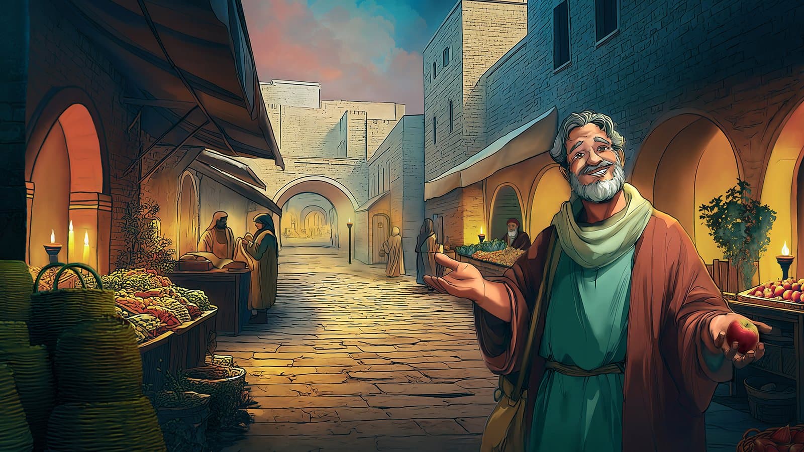 Smiling merchant welcoming visitors to a lamplit Jerusalem market street