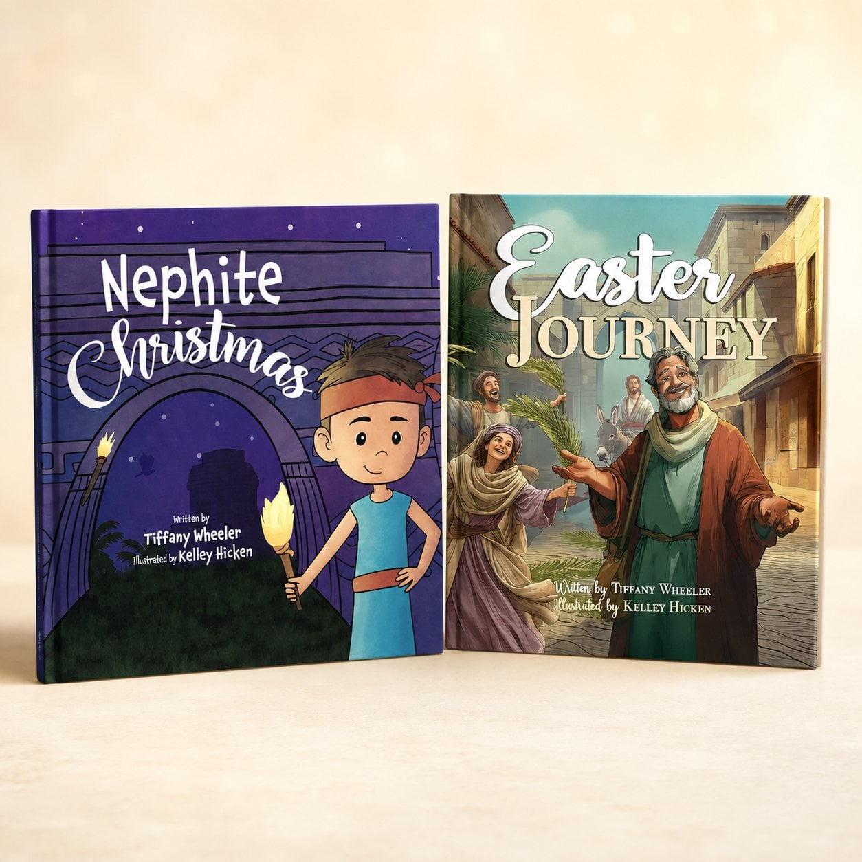 Nephite Christmas and Easter Journey hardcovers standing side by side