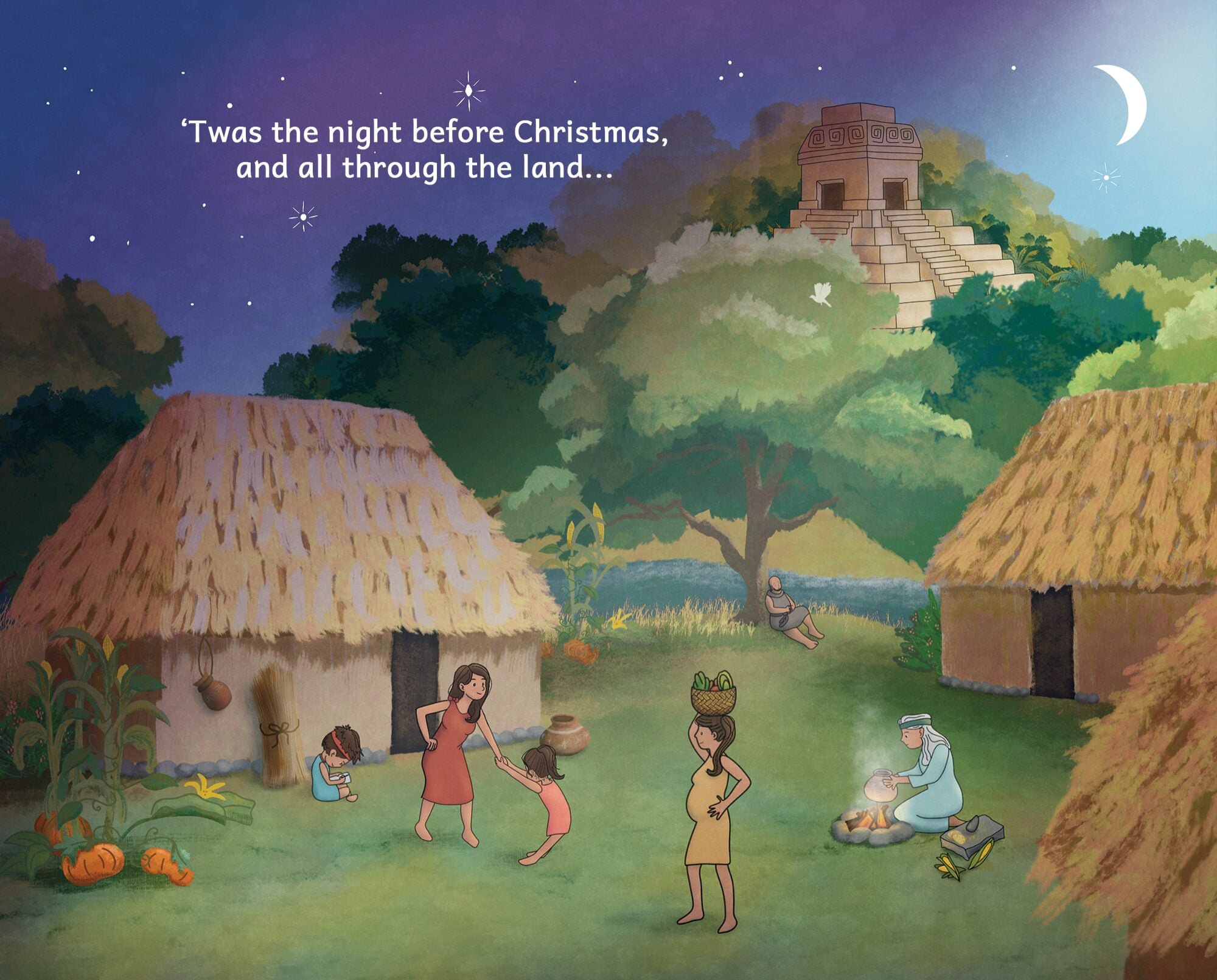 Inside Nephite Christmas: Opening page: a Nephite village at dusk, “’Twas the night before Christmas, and all through the land…”