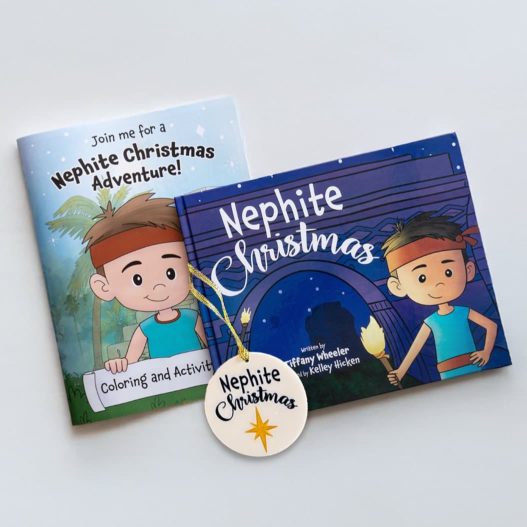 Nephite Christmas hardcover, coloring book and star ornament arranged together