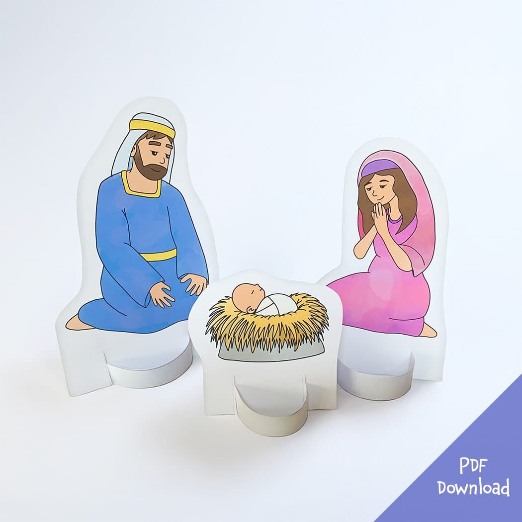 Colored paper nativity figures of Joseph, Mary and baby Jesus